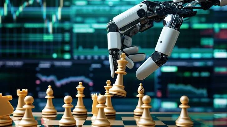 Robot trader professionnel devant plusieurs écrans affichant des graphiques boursiers et des données de marché en temps réel dans un environnement sombre