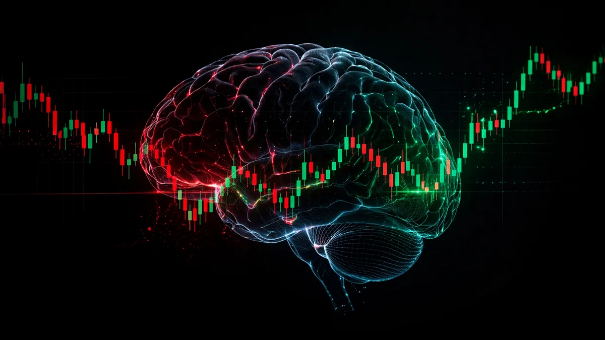 Cervello umano stilizzato sovrapposto a grafici azionari e dati finanziari su uno sfondo blu scuro