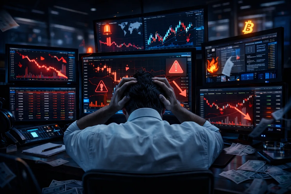 Graphique boursier en chute libre sur écran sombre avec indicateurs rouges clignotants symbolisant la panique sur les marchés financiers