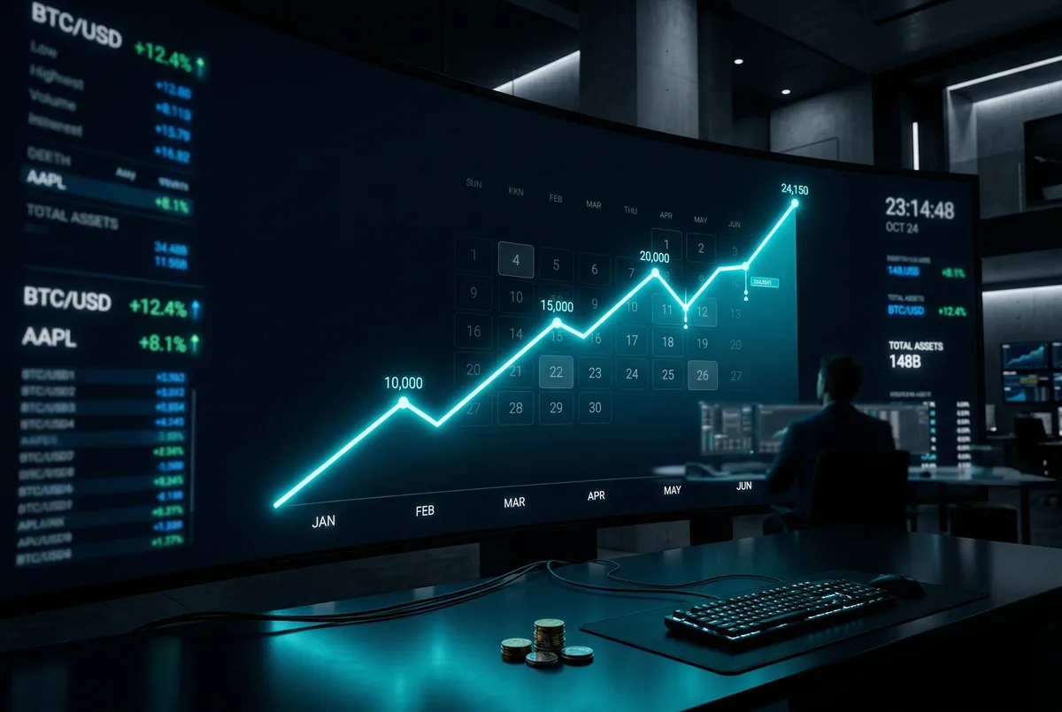 Grafico a linee ascendenti su uno schermo scuro che simboleggia una strategia DCA regolare sui mercati finanziari