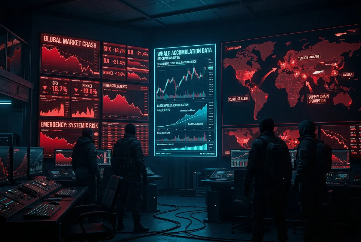 Schermi multipli che mostrano mercati in rosso e hotspot geopolitici contrastati con dati di accumulo delle balene in ciano
