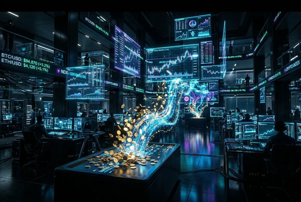 Grafici azionari olografici fluttuanti e feed dei prezzi delle criptovalute che brillano in ciano e blu elettrico su un pavimento di trading futuristico scuro