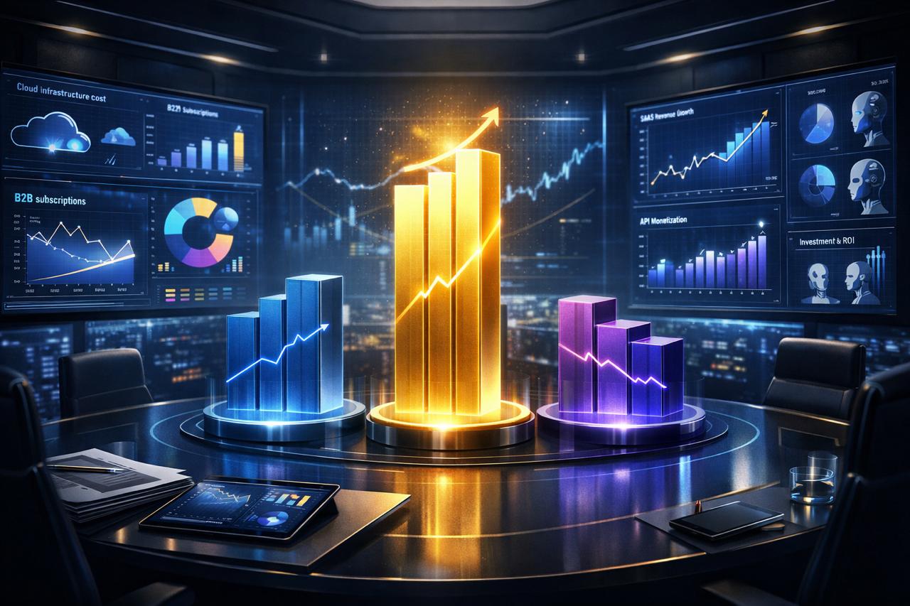 Salle de réunion stratégique high‑tech avec dashboards holographiques affichant des graphiques de croissance, courbes de revenus et indicateurs de marché, symbolisant la comparaison des modèles économiques des entreprises d'IA.