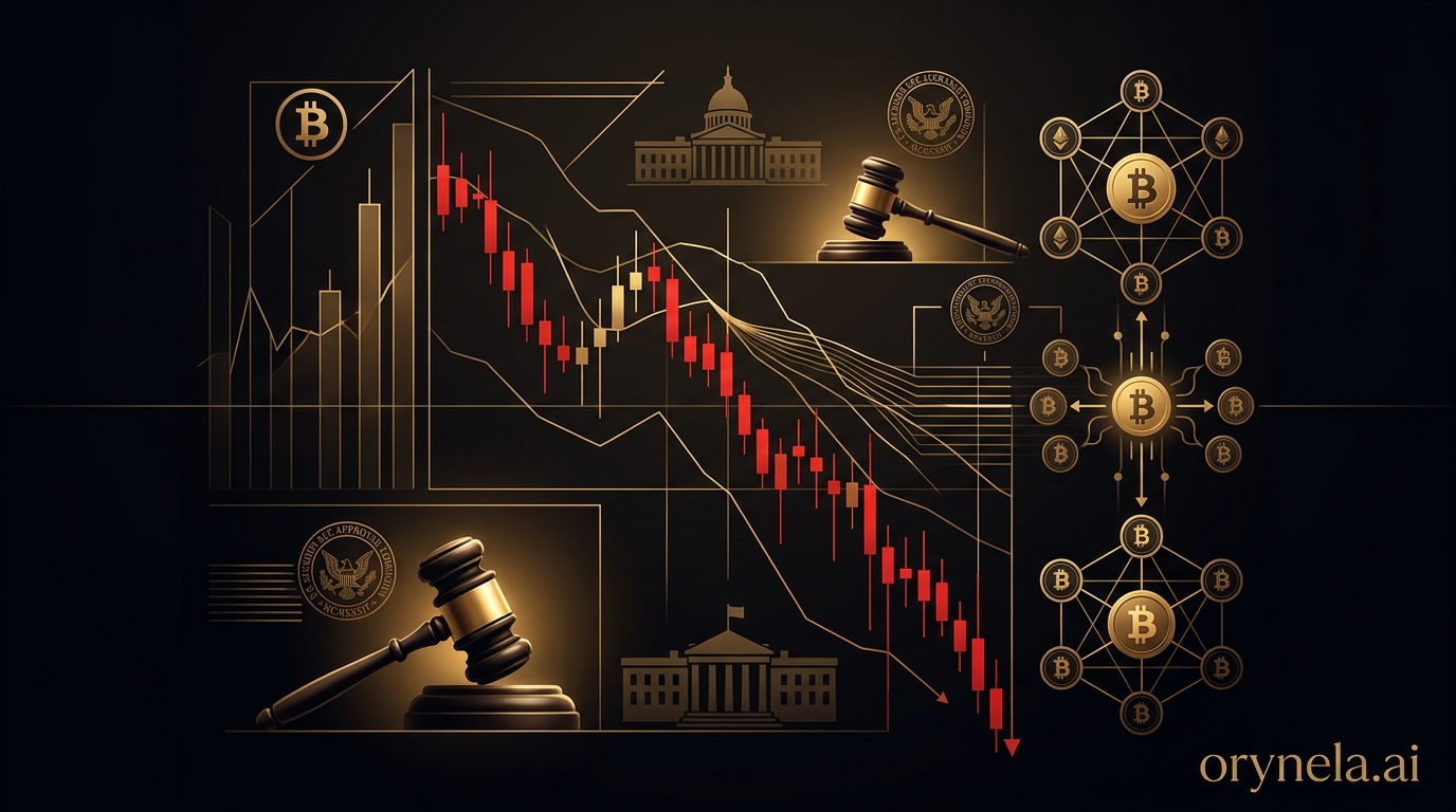 Grafico in caduta libera con accenti dorati su sfondo scuro - Illustrazione del crollo Bitcoin e della regolamentazione crypto