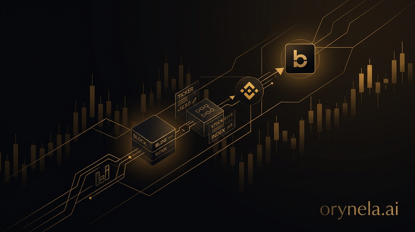 Visual premium fintech ultra-escuro ilustrando tokenização de ações americanas na Binance com acentos dourados