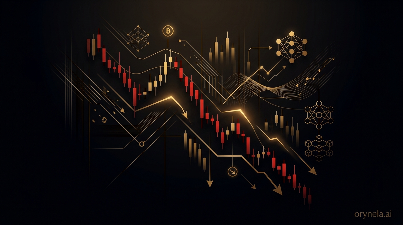 Gráfico bajista de Bitcoin con velas rojas e indicadores dorados sobre fondo oscuro orynela.ai