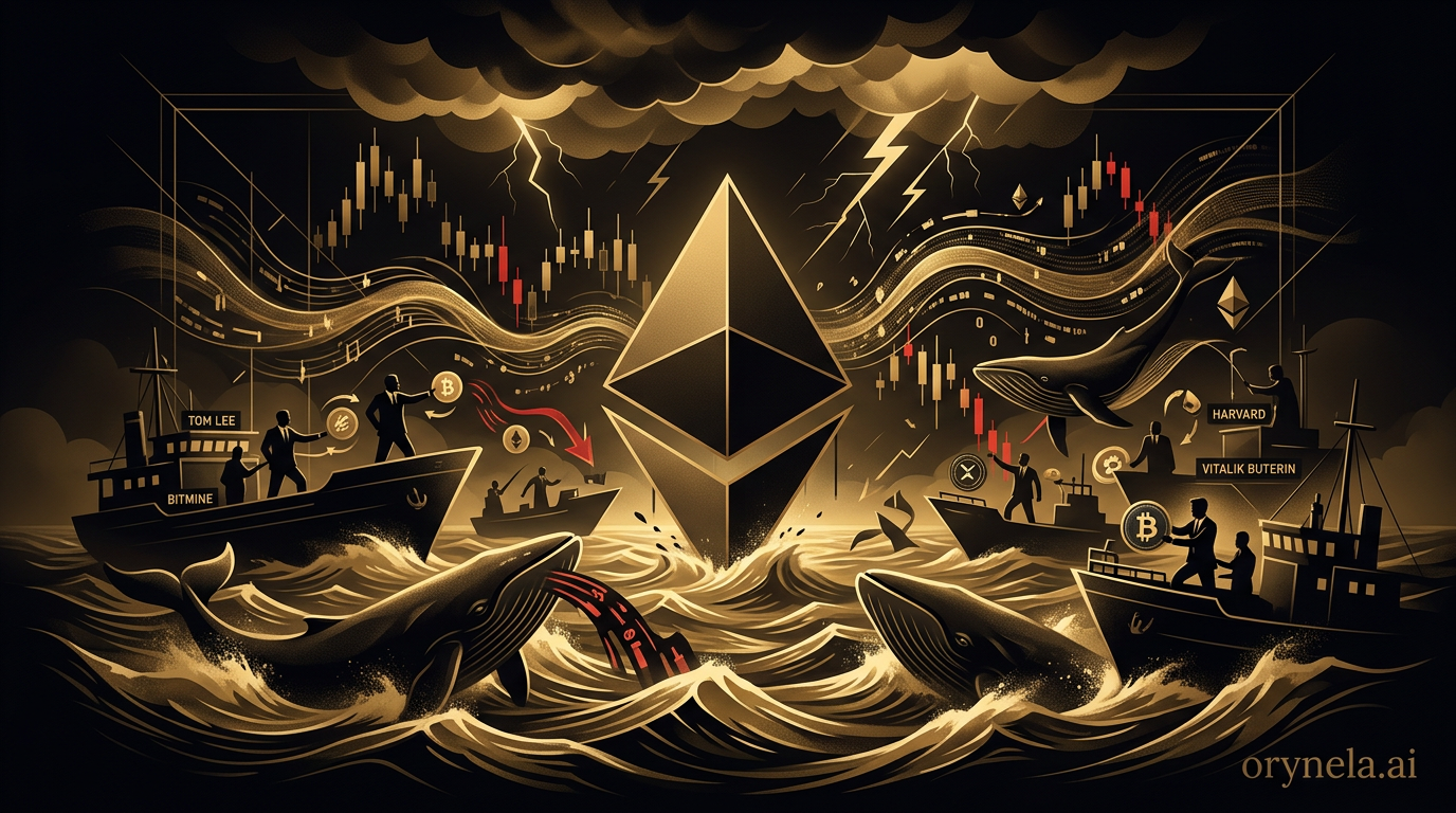 Ethereum en tempête : graphique de prix avec des acccents dorés sur fond sombre symbolisant la guerre institutionnelle