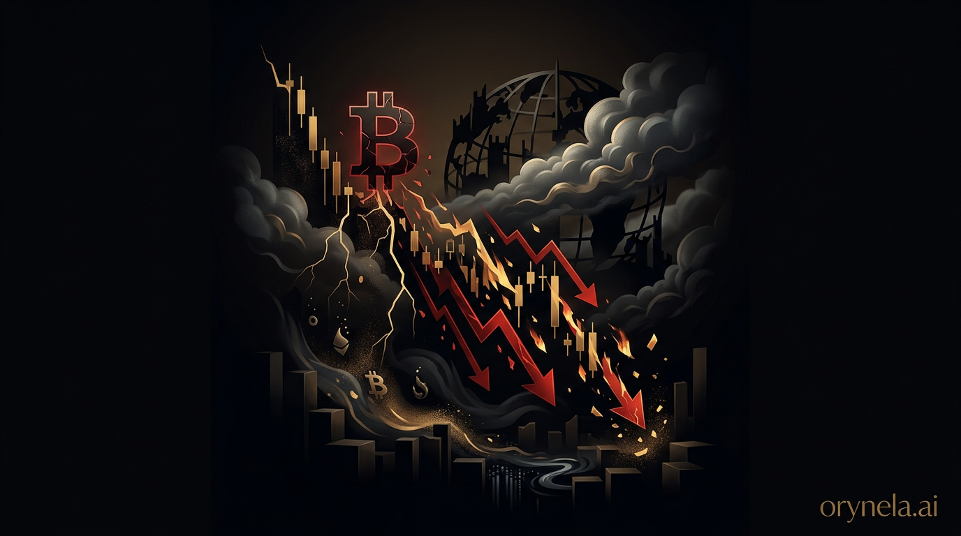 Graphique baissier Bitcoin avec flèches rouges sur fond sombre symbolisant le crash crypto lié à la crise géopolitique US-Iran