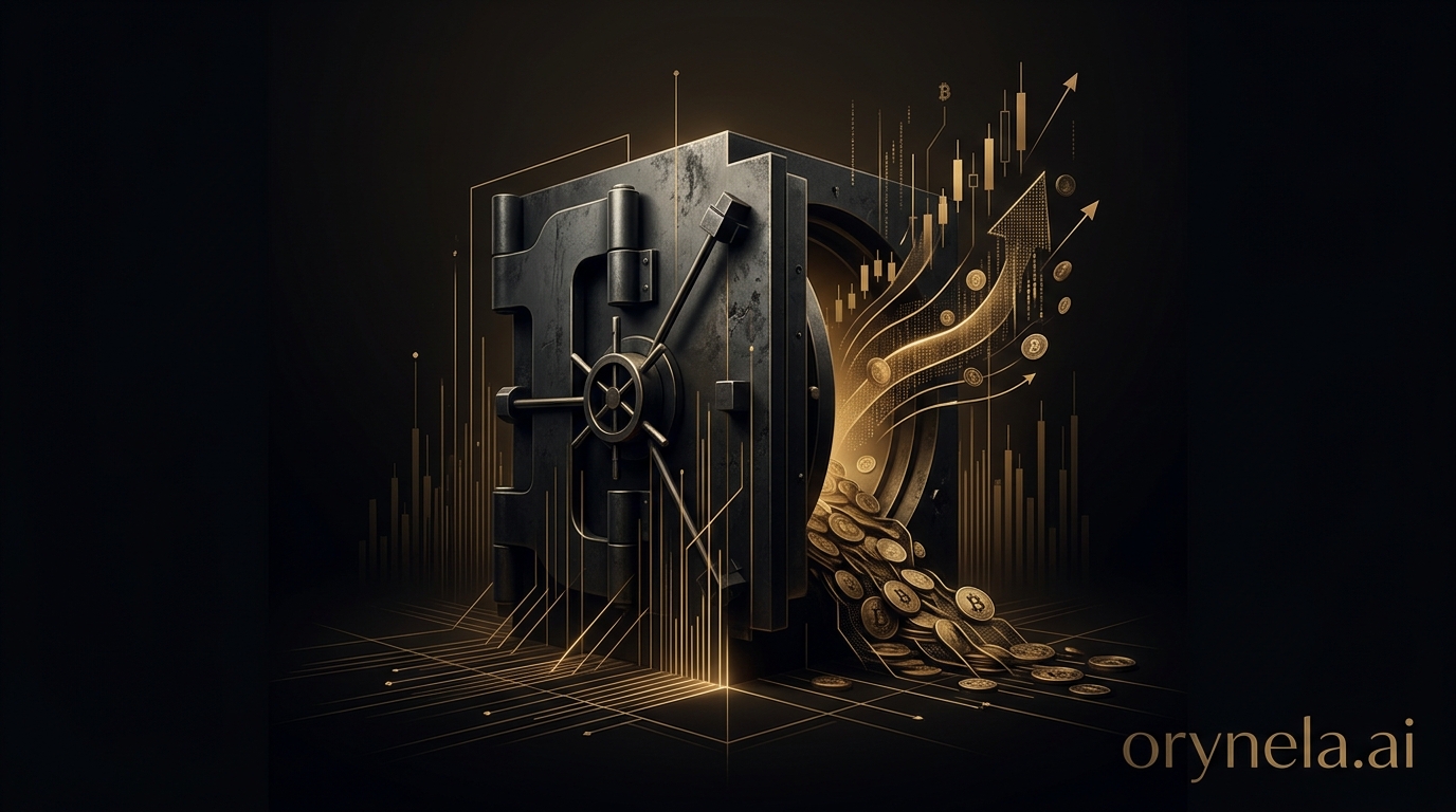 Illustrazione trasferimento Bitcoin cold wallet Mt. Gox con design fintech luxury orynela.ai
