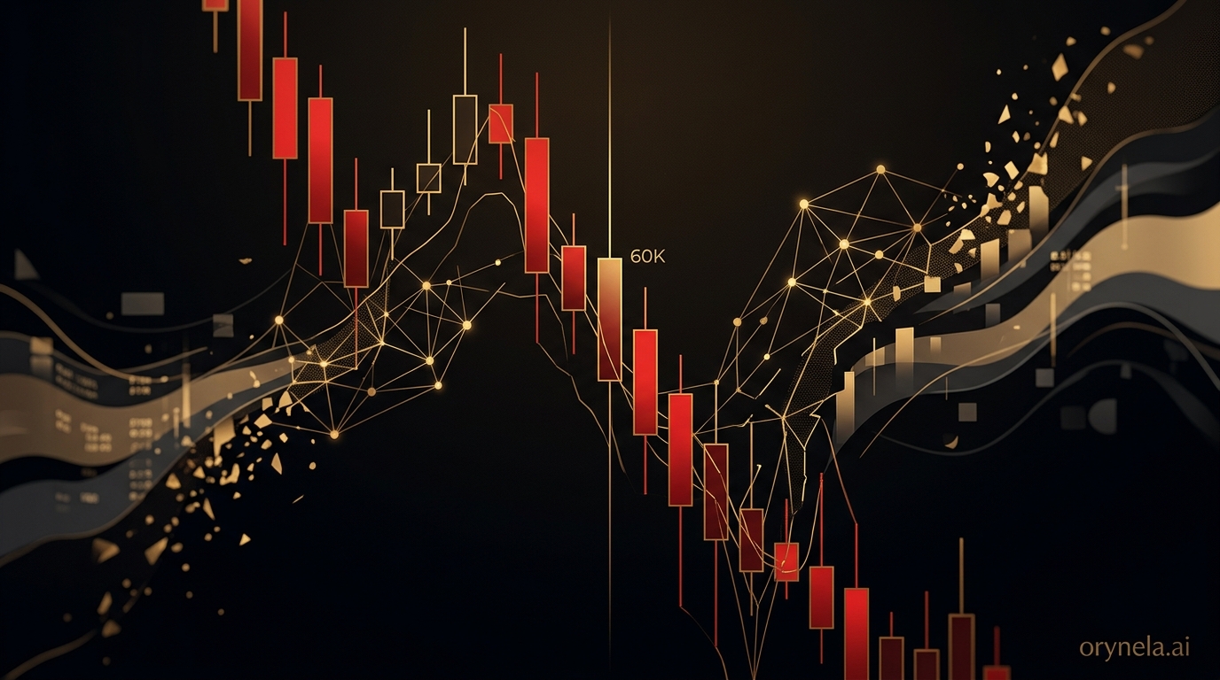 Graphique de crash du Bitcoin avec chute vertigineuse sous 60 000 dollars