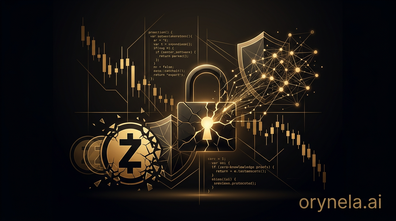 Illustration style fintech dark luxury : bouclier cryptographique Zcash brisé avec accents dorés