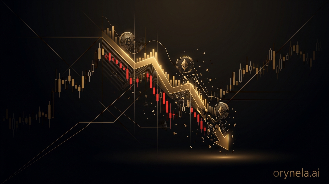 Graphique de krach crypto avec chute du Bitcoin et Ethereum sur fond sombre luxueux