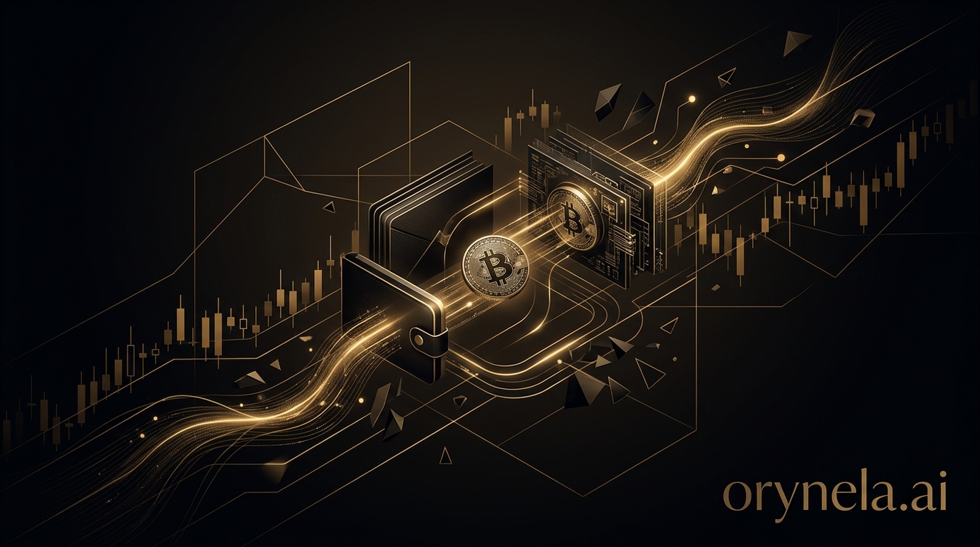 Representación visual de la transferencia de Bitcoin por Mt. Gox desde cold wallets con acentos dorados sobre fondo oscuro