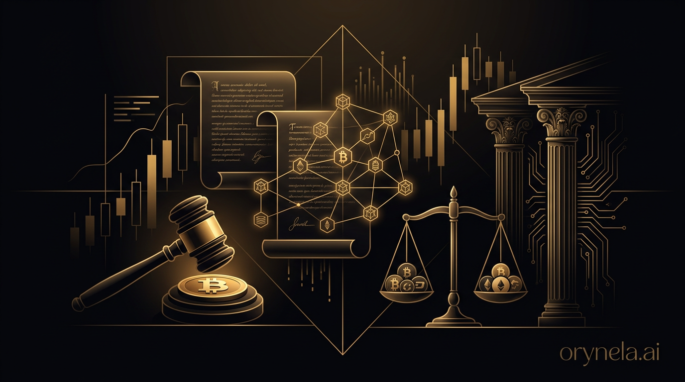 Tempête réglementaire crypto 2026 : justice, blockchain et金色accents sur fond sombre