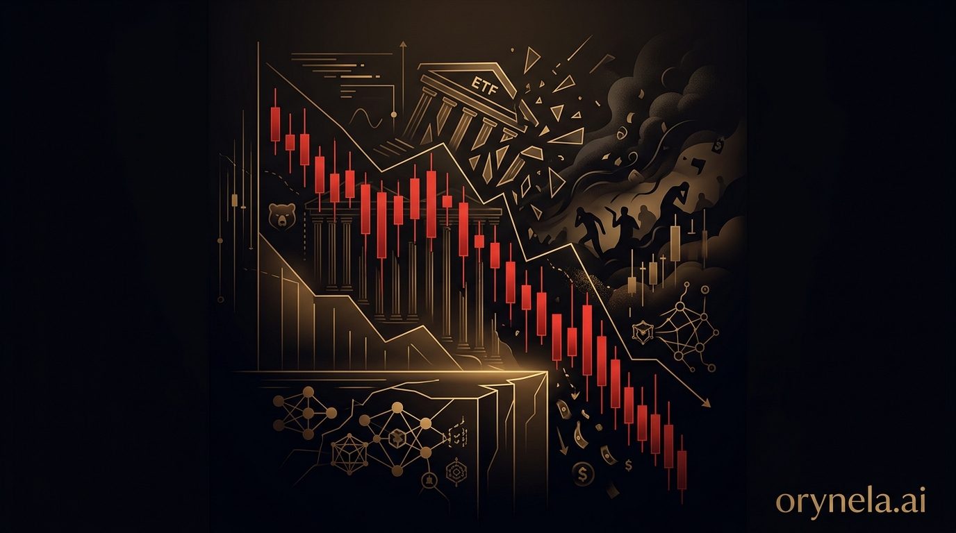 Graphique du Bitcoin en chute avec fond sombre et accents dorés illustrant la crise crypto