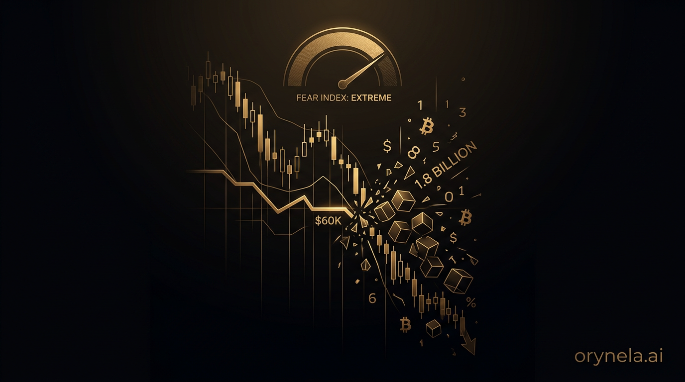 Gráfico de caída de Bitcoin sobre fondo oscuro con indicadores de liquidaciones masivas y soporte crítico en $60,000