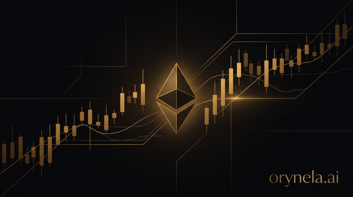 Graphique de crise Ethereum sur fond noir avec accents dorés, visualisation de données financières dramatiques