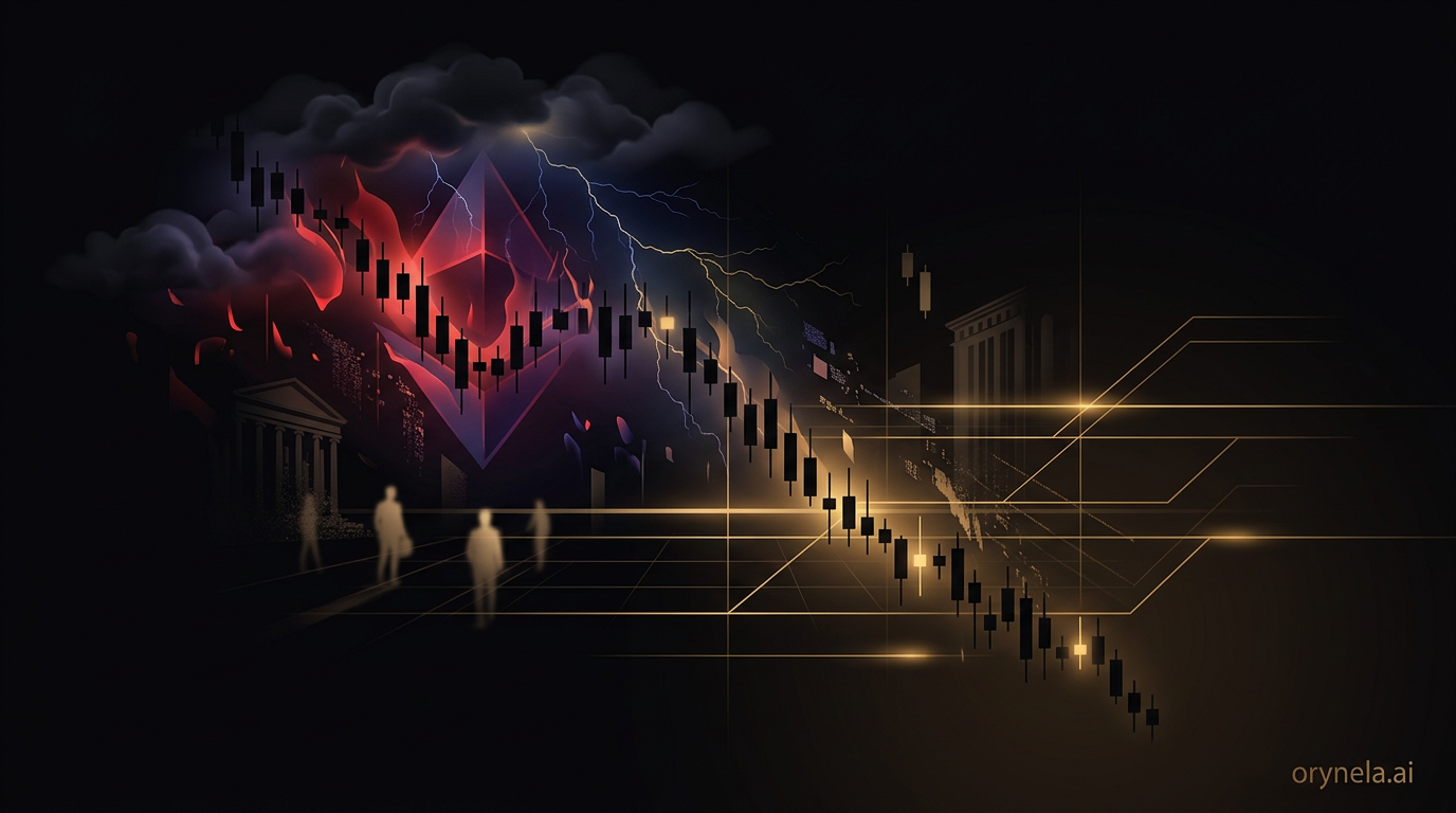 Tempesta di Ethereum con fulmini dorati su sfondo scuro, simbolo della crisi crypto