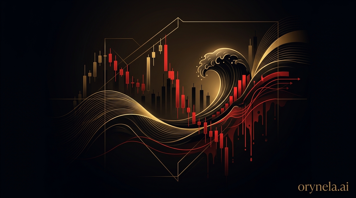 Graphique Bitcoin en chute sur fond sombre avec accents dorés, visualisation du crash vers 60K