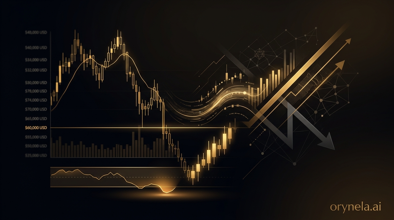 Graphique Bitcoin en survente extrême avec bougies dorées émergeant de l'obscurité, illustrant la tension du marché