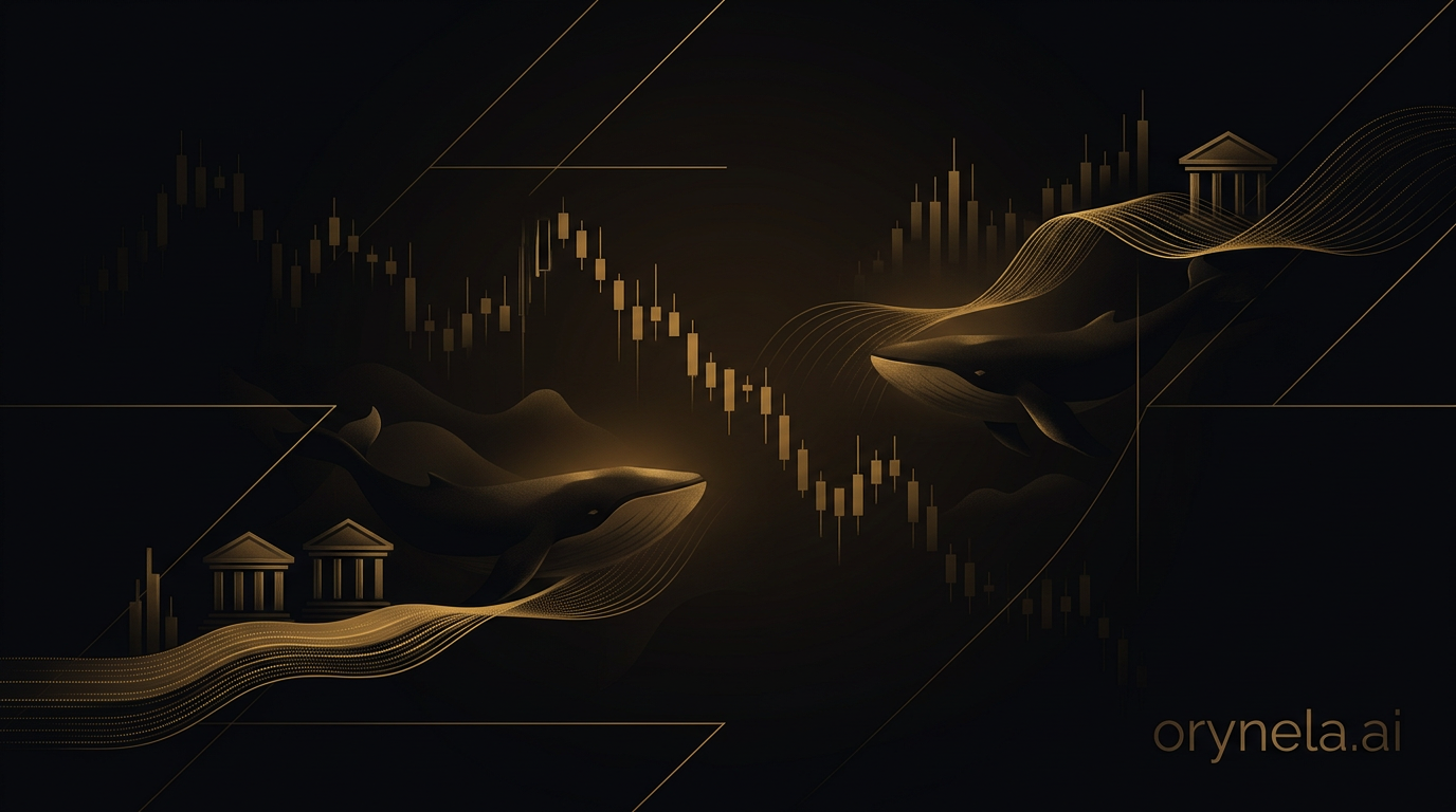 Graphique de crise Ethereum avec flèches baissières sur fond sombre, accents dorés, visualisation financière