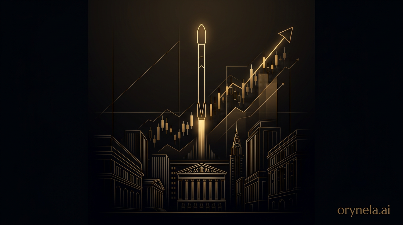 Illustration of SpaceX rocket and New York Stock Exchange floor during the historic $135 initial public offering