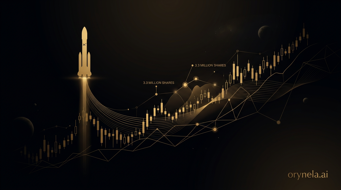 Golden illustration of SpaceX rocket with stock charts on dark background