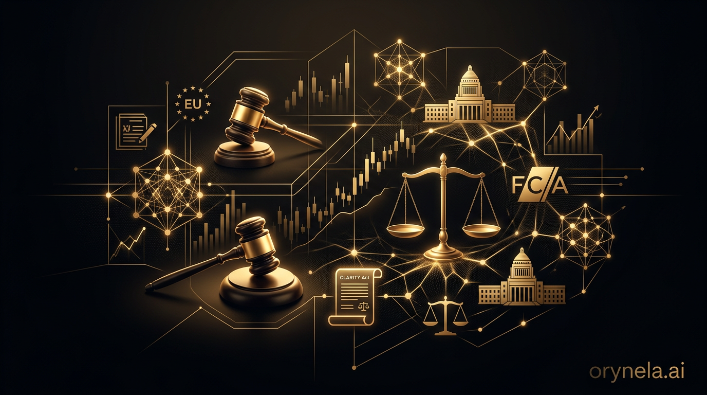 Illustration : marteau de juge et reseau blockchain sur fond noir luxe avec accents dores