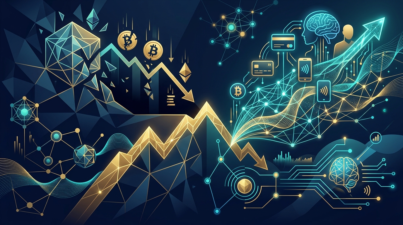 Illustration: Krypto-Kapitulation vs. KI-Zahlungsrevolution: Das große Paradoxon im Juni 2026