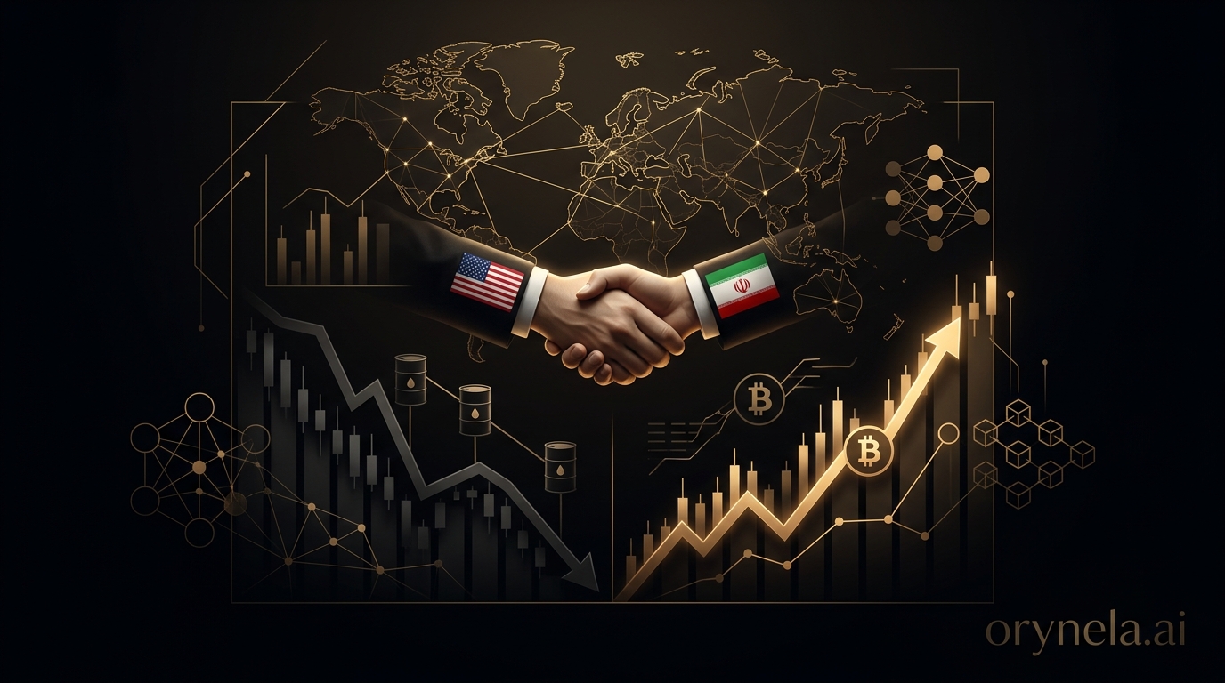 Accord de paix US-Iran avec Bitcoin et pétrole sur fond sombre luxe