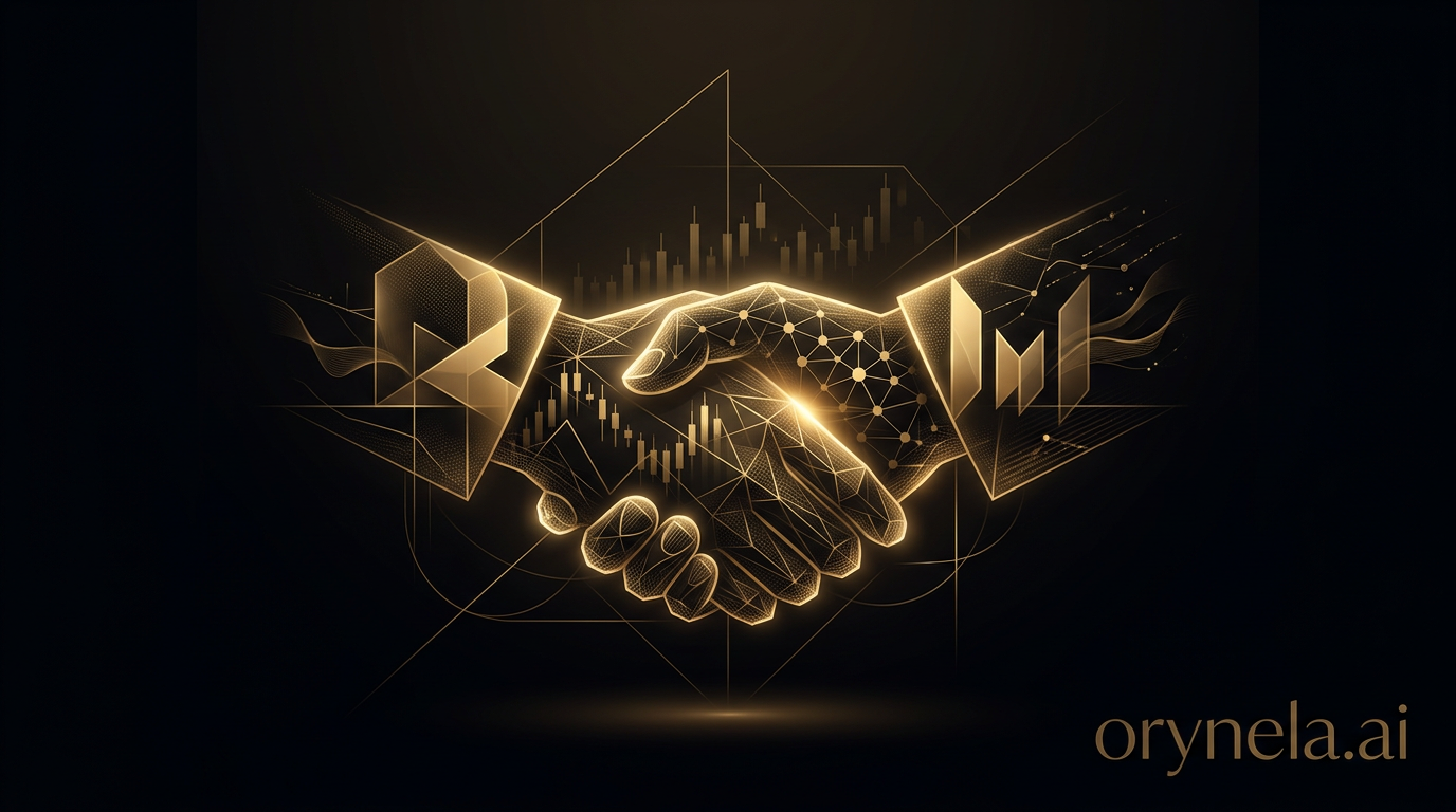 Illustration de la fusion Blockworks-Messari dans l'univers crypto avec accents dorés sur fond sombre