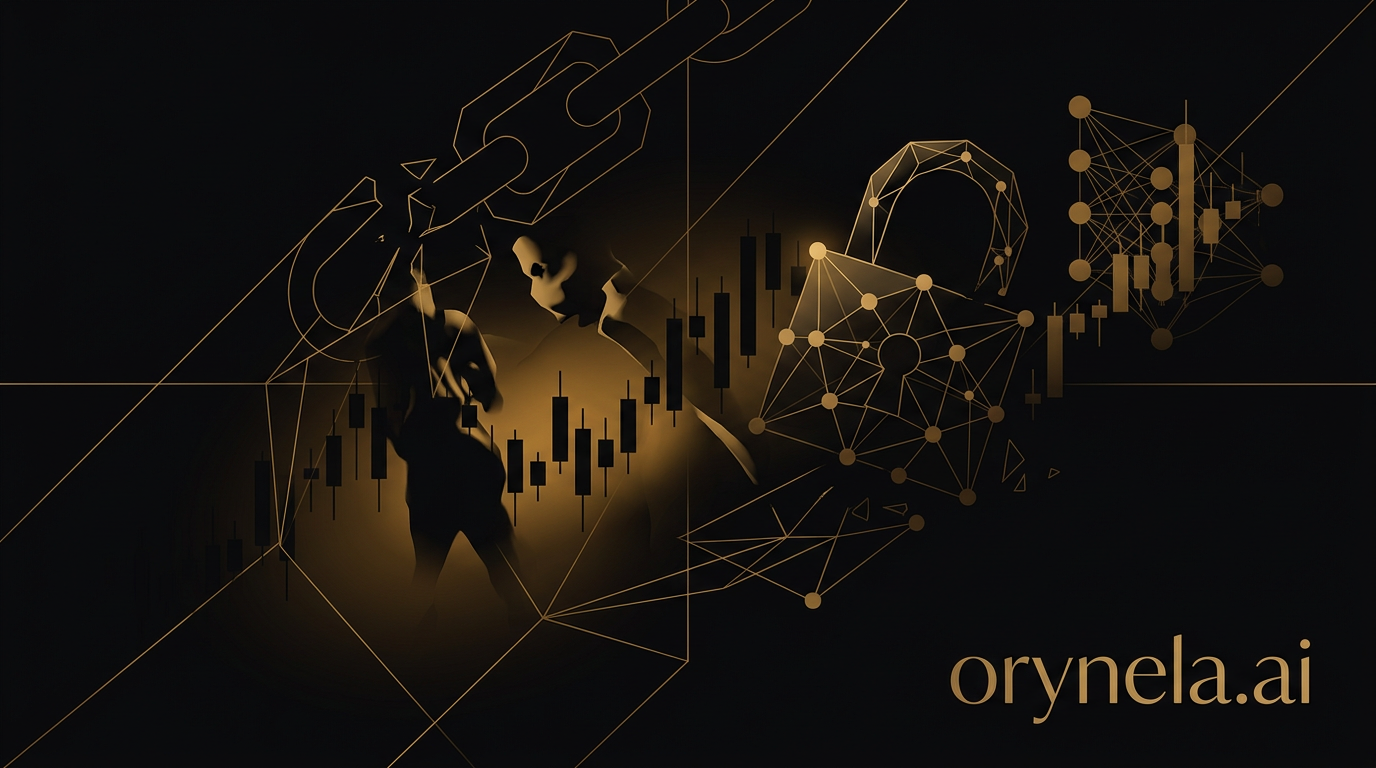 Premium-Finance-Journal-Illustration, die Krypto-Entführung zeigt, dunkler Hintergrund mit goldenen Akzenten und elegantes orynela.ai-Design