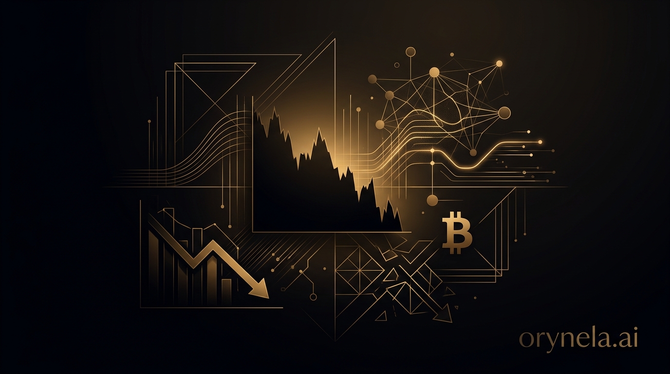 Illustration sombre d'un marché crypto en crise avec graphiques chutants et accents dorés