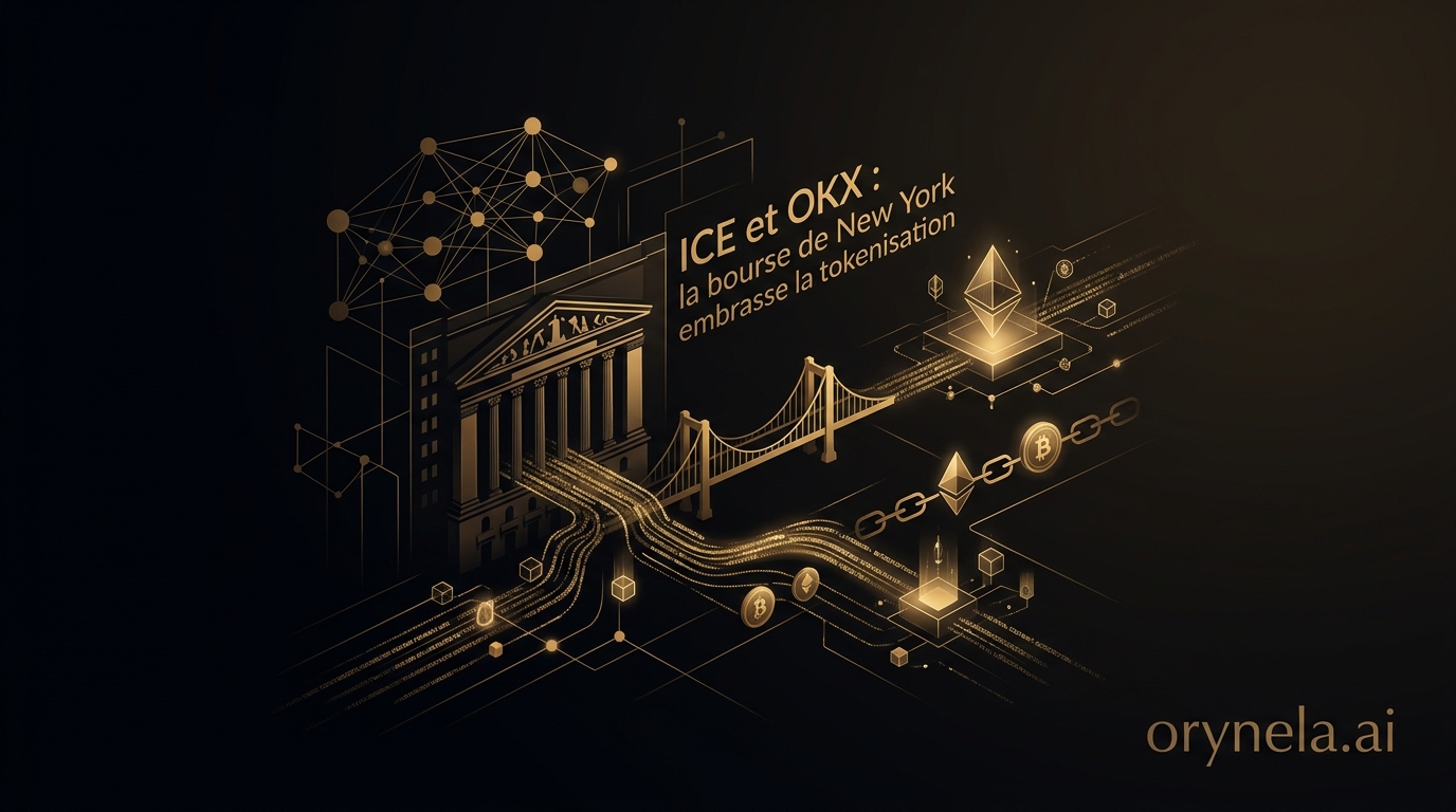 Illustration: golden bridge between traditional exchange and blockchain, symbolizing the ICE-OKX partnership