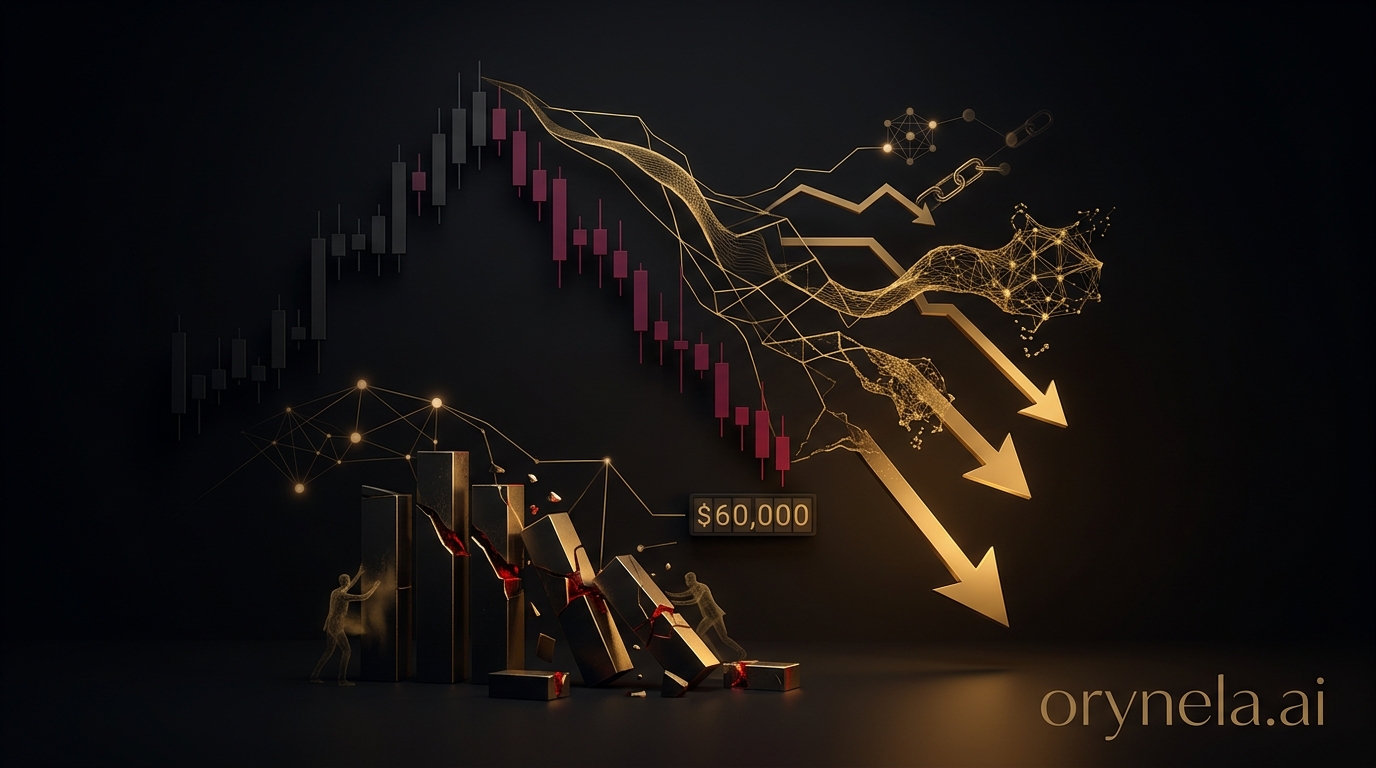 Graphique de chute du Bitcoin avec flèches rouges sur fond sombre luxe
