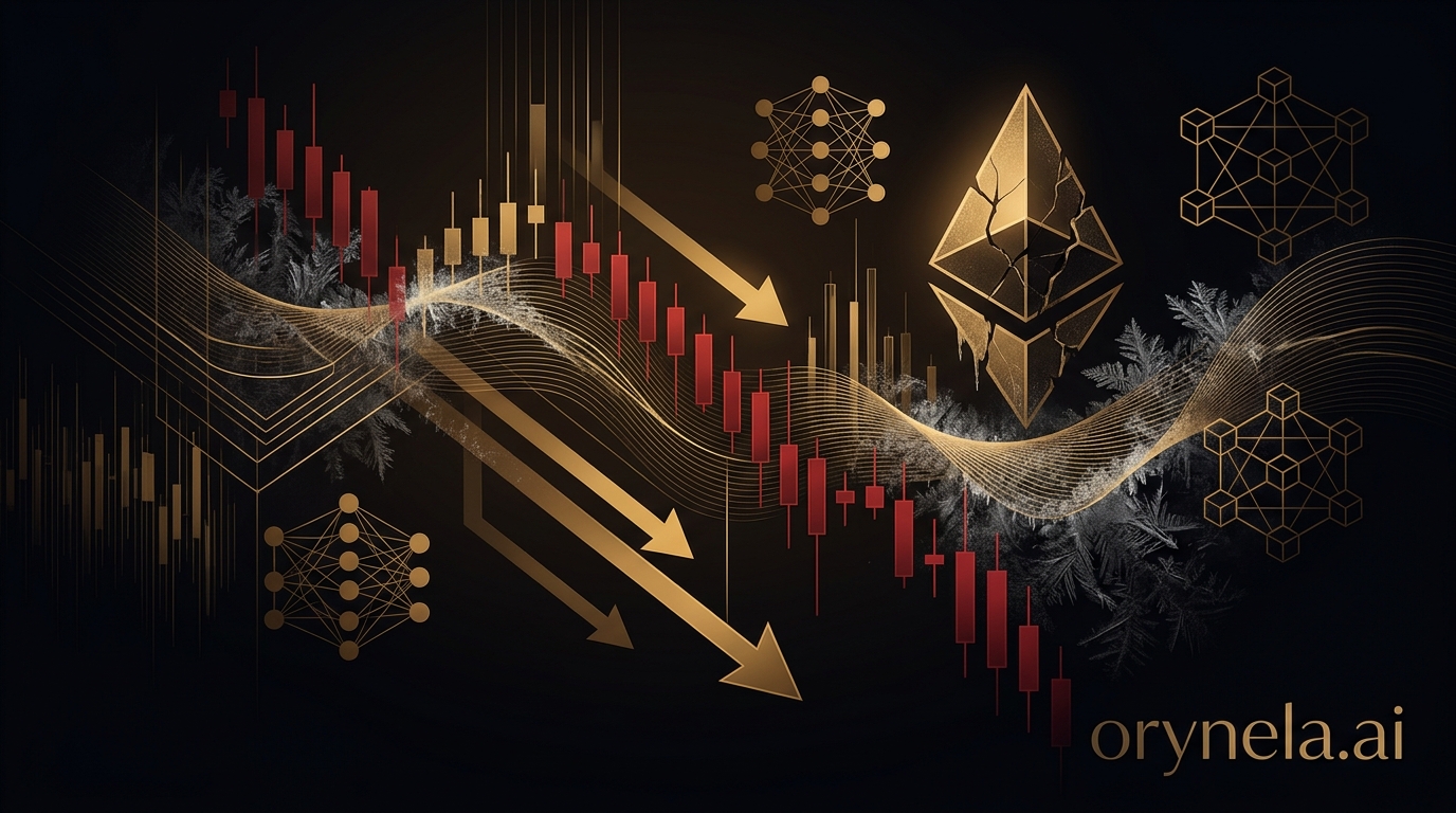 Graphique baissier doré sur fond noir : Bitcoin sous 60 000 $ avec flèches de sortie de capitaux