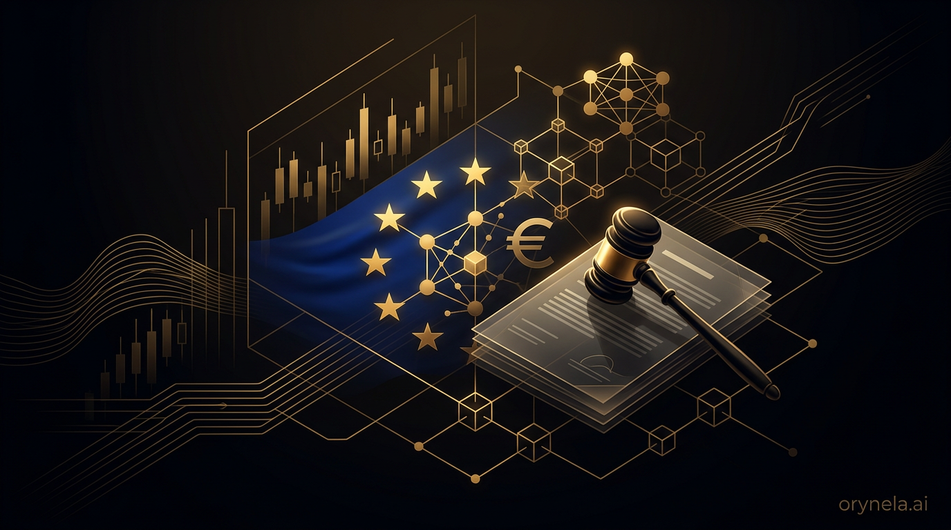 Règlement MiCA et régulation crypto européenne — illustration luxueuse sombre avec accents dorés
