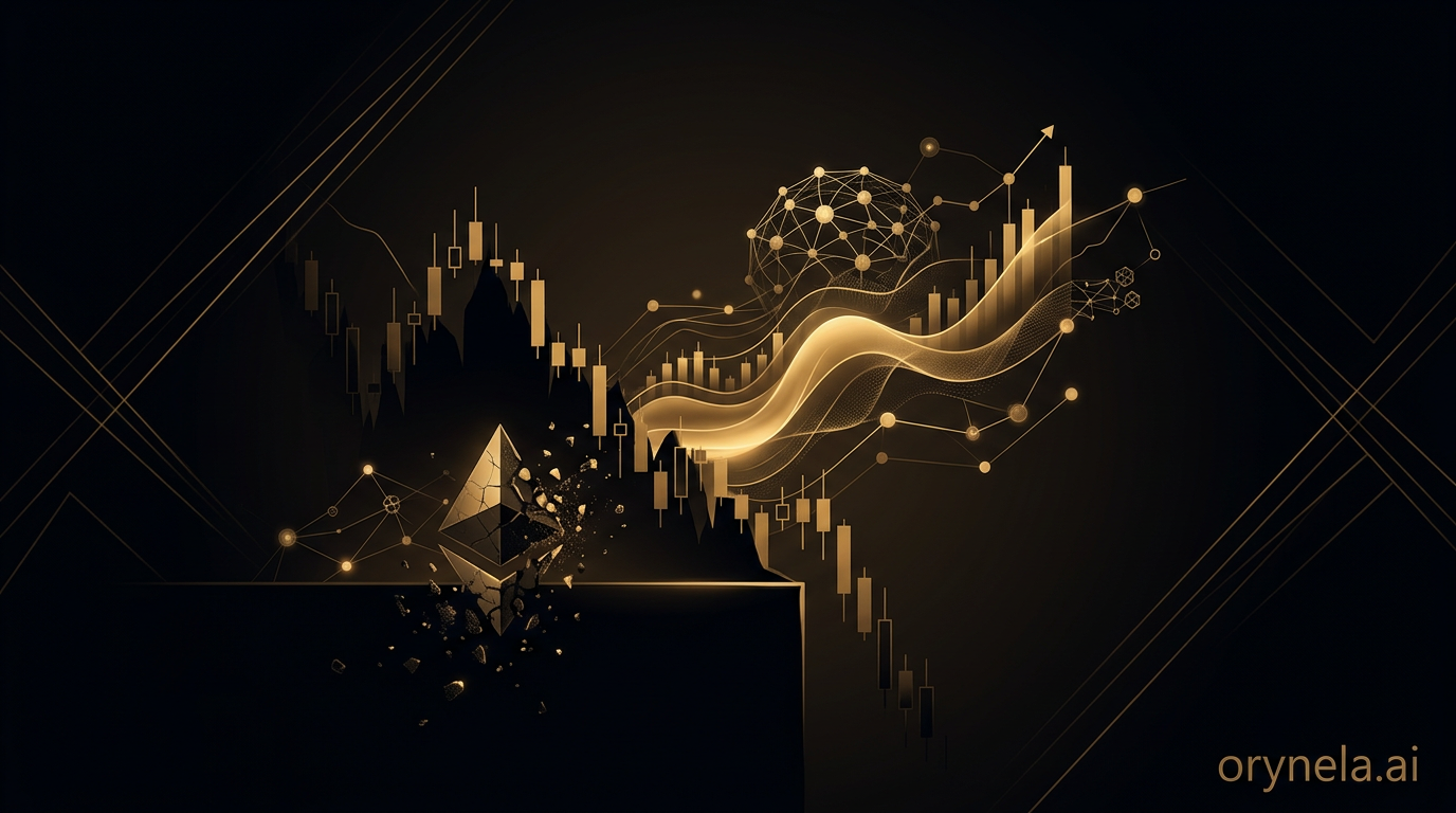 Illustration montrant la chute de l'Ethereum face à Tether avec accents dorés sur fond sombre