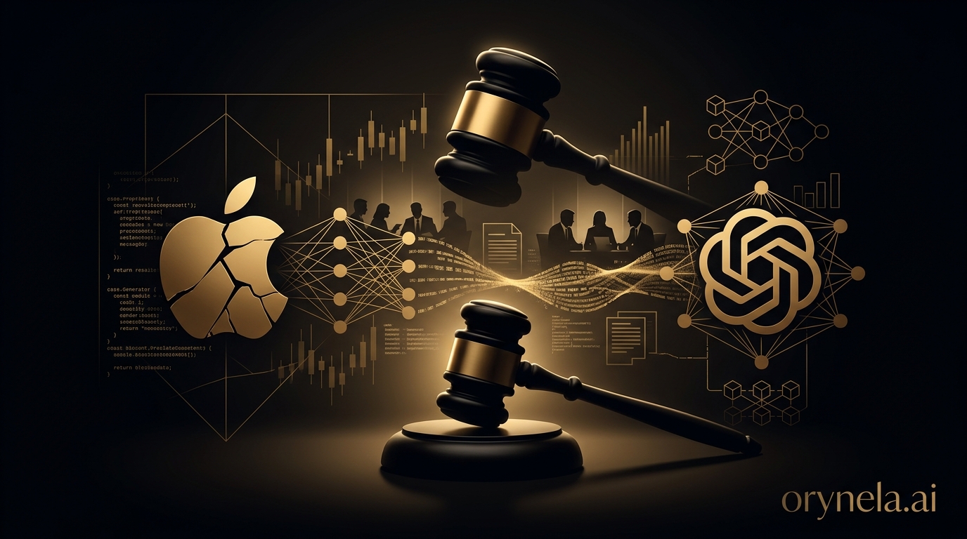 Affrontement judiciaire entre Apple et OpenAI illustré en style sombre et luxueux