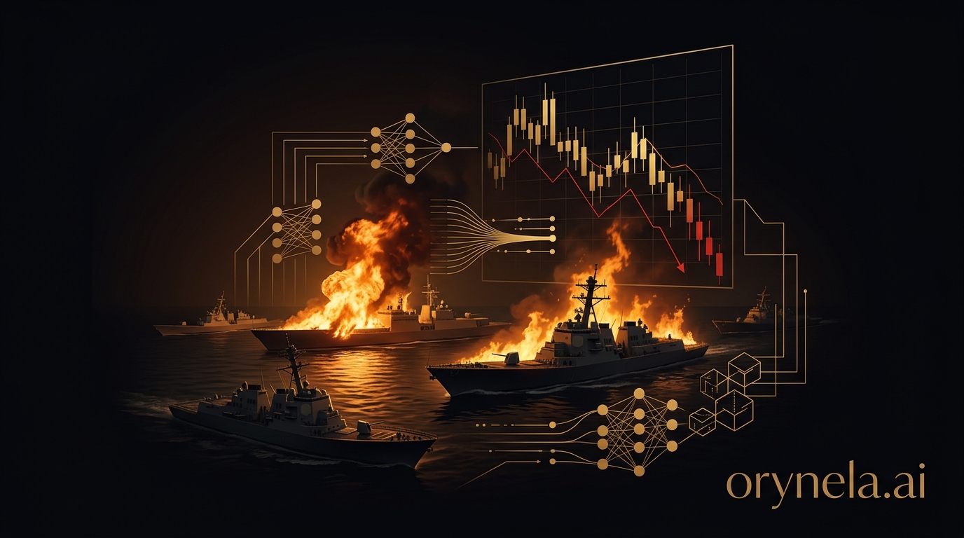 Illustrazione: petrolio in fiamme, confronti geopolitici e mercati finanziari