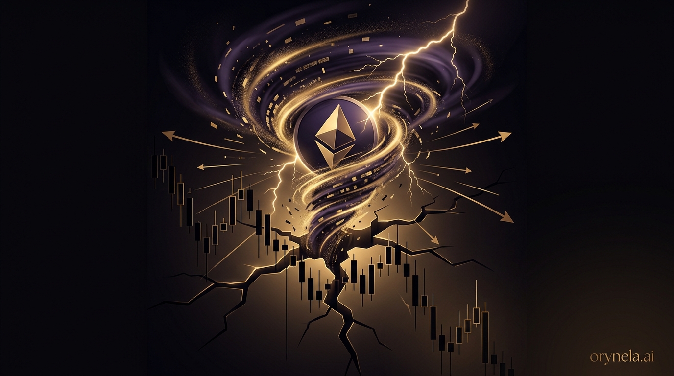 Illustration of Ethereum caught in a golden storm with crashing price charts