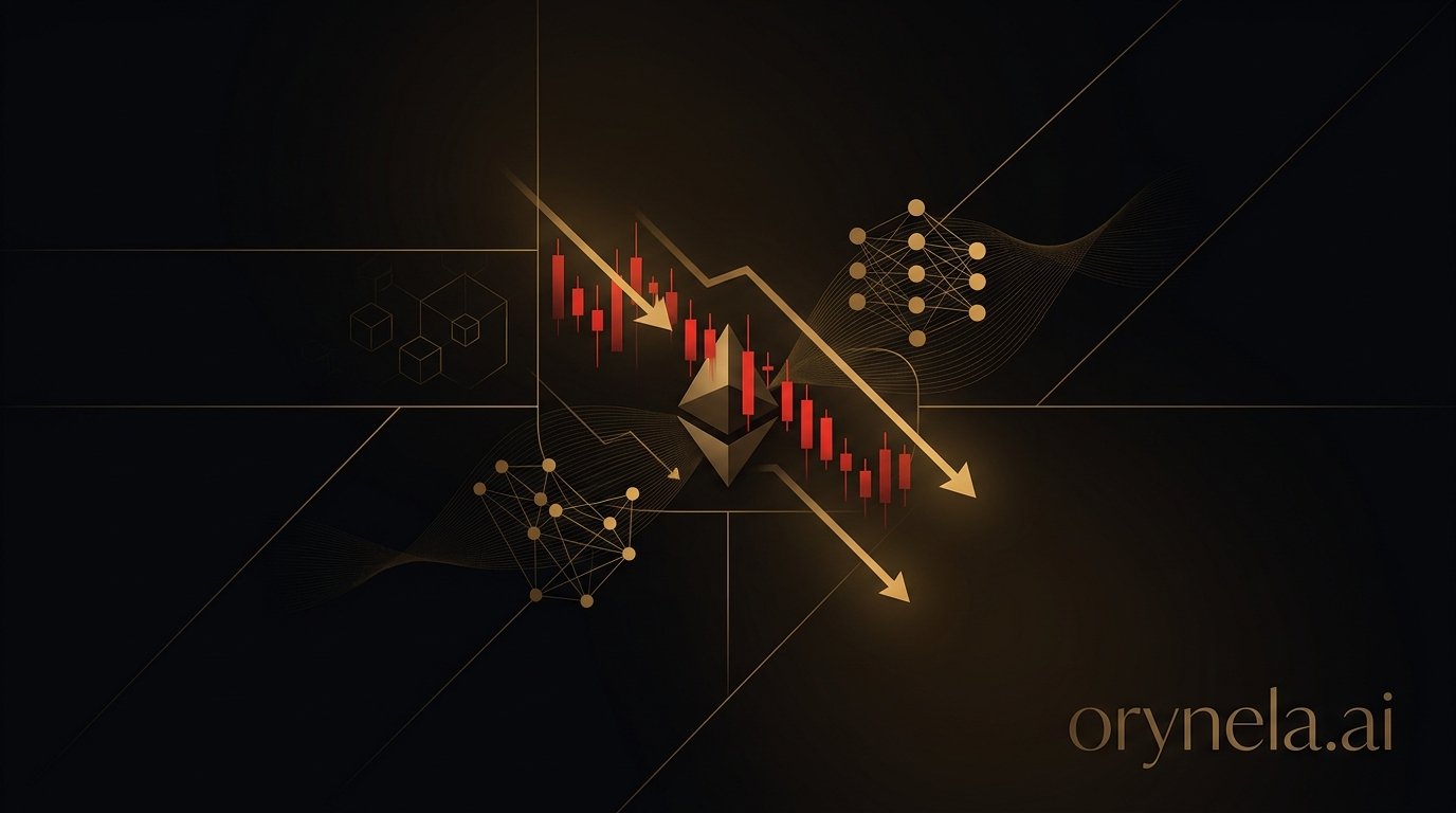 Graphique de crise Ethereum avec bougies rouges et logo ETH sous pression sur fond sombre aux accents dorés