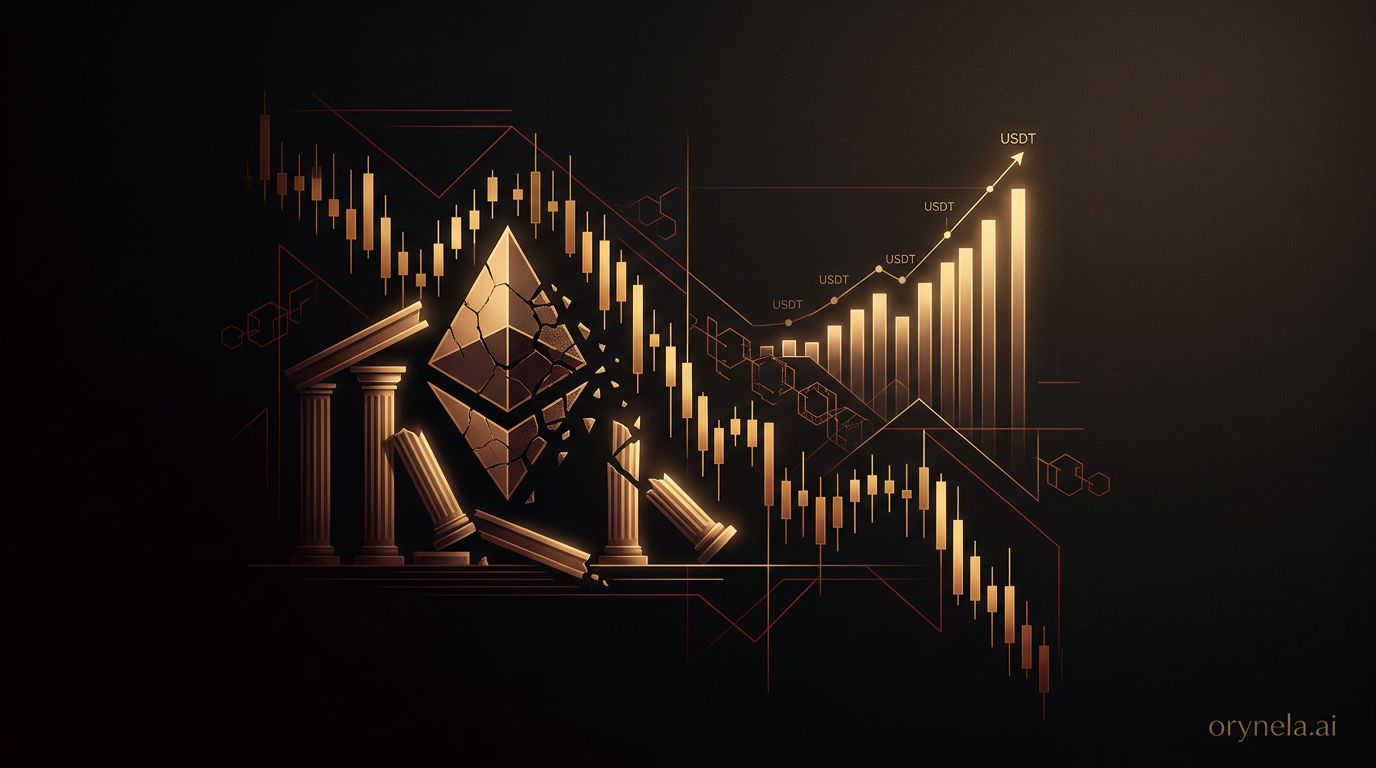 Illustration représentant la crise de l'Ethereum avec des graphiques de chute et la fondation en restructuration