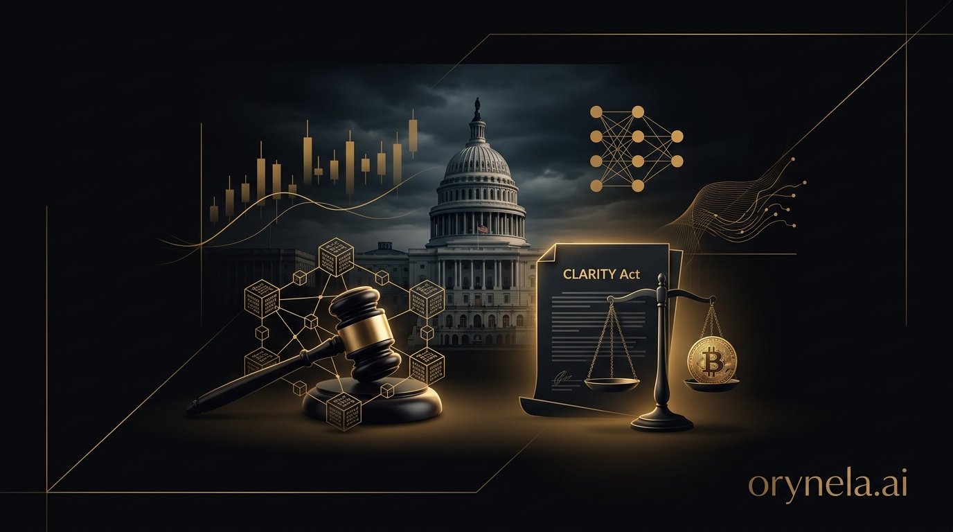 El Capitolio estadounidense con símbolos cripto y gráficos dorados sobre fondo oscuro