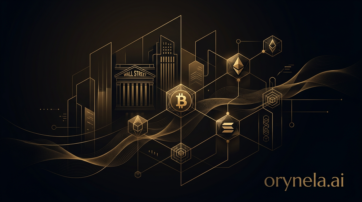 Illustration : logo Morgan Stanley E*Trade intégré au Bitcoin, Ethereum et Solana sur fond sombre premium avec accents dorés
