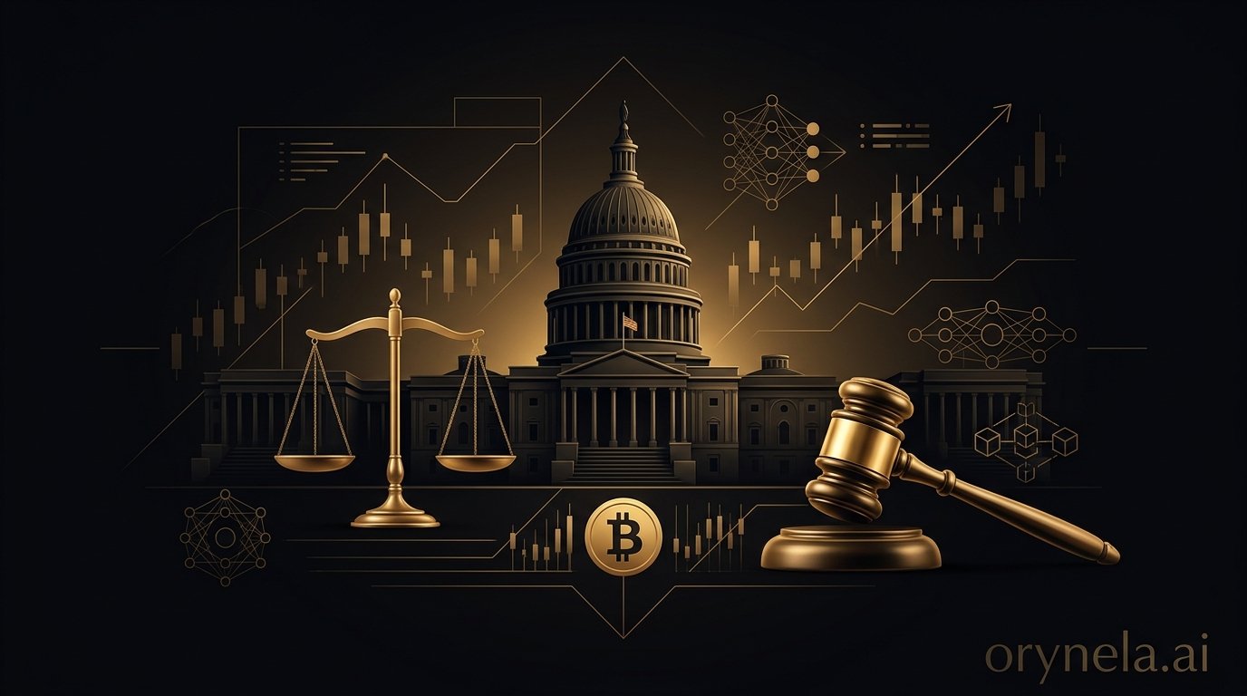 Le Capitole américain stylisé avec des accents dorés et un symbole Bitcoin, illustrant le débat sur le CLARITY Act