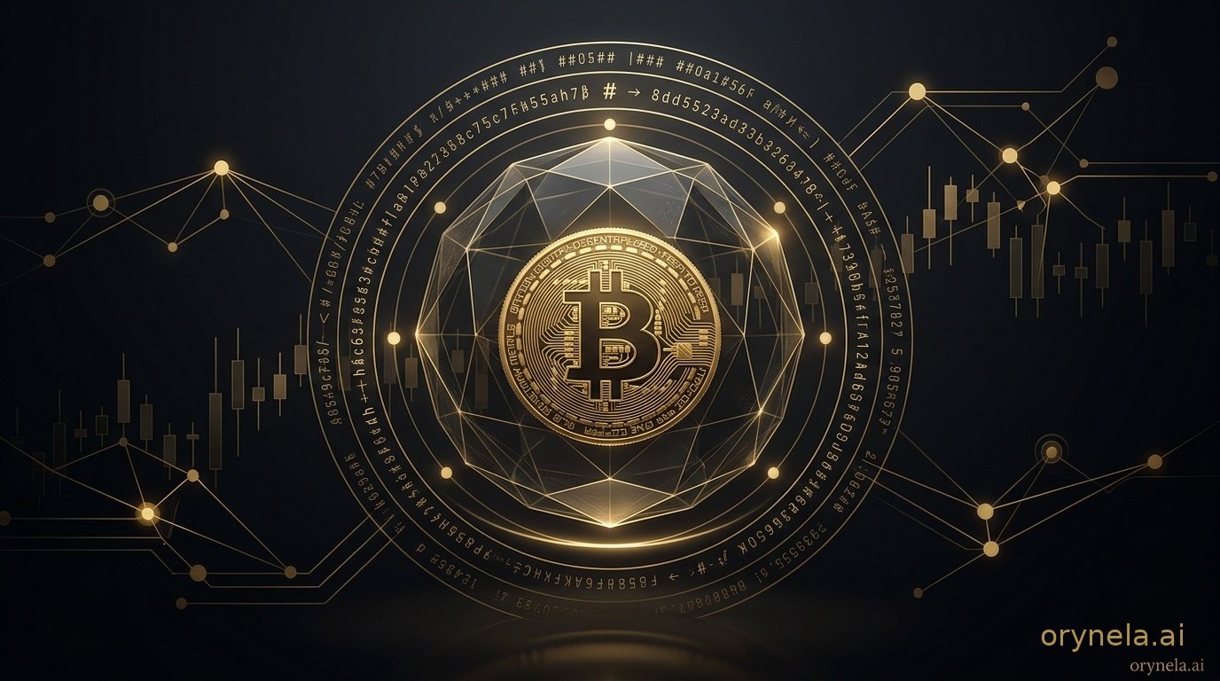 Pièce Bitcoin dorée protégée dans une sphère quantique translucide entourée d'anneaux de glyphes cryptographiques, sur fond noir aux reflets luxueux