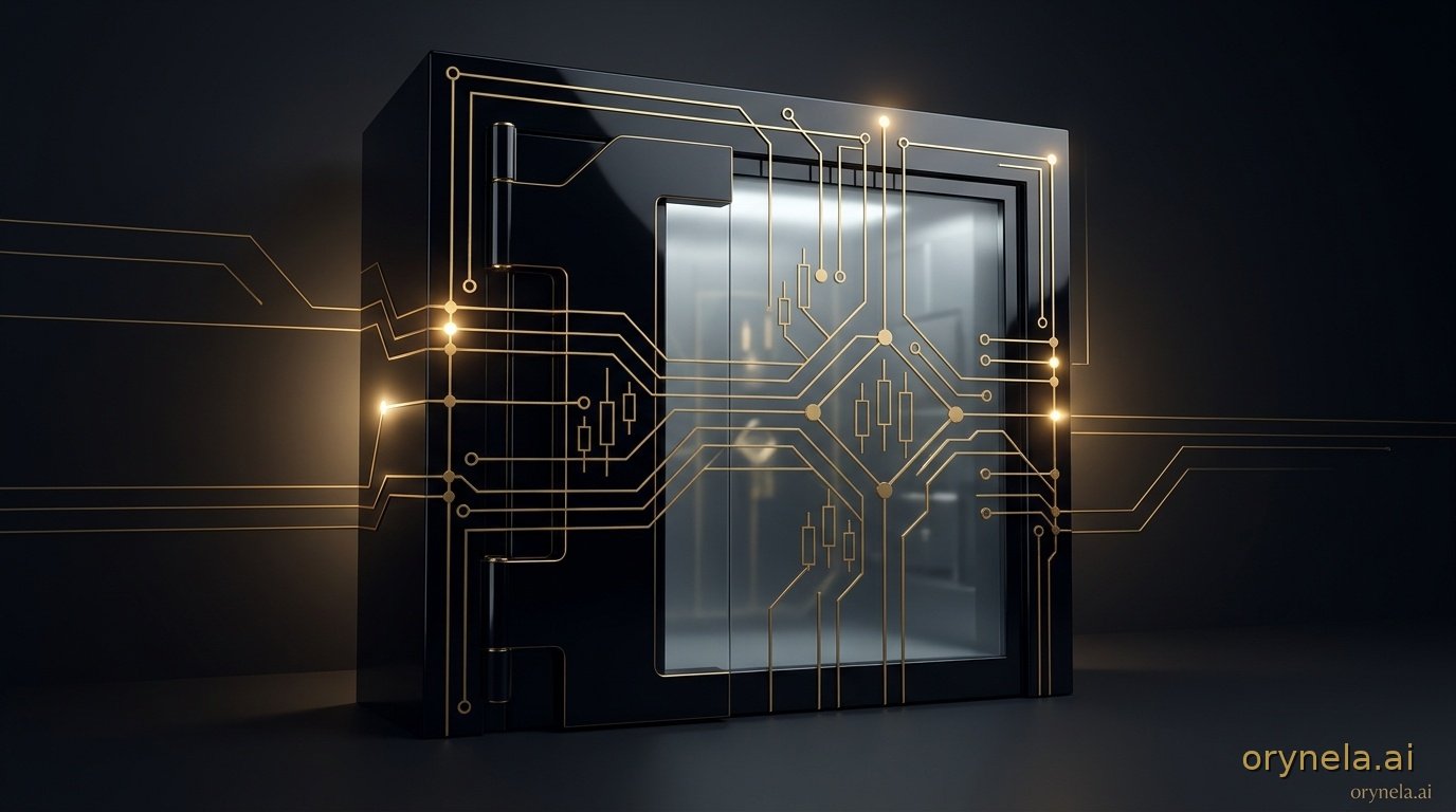 Coffre-fort numérique cryptographique en obsidienne avec circuits dorés lumineux et clés institutionnelles sécurisées