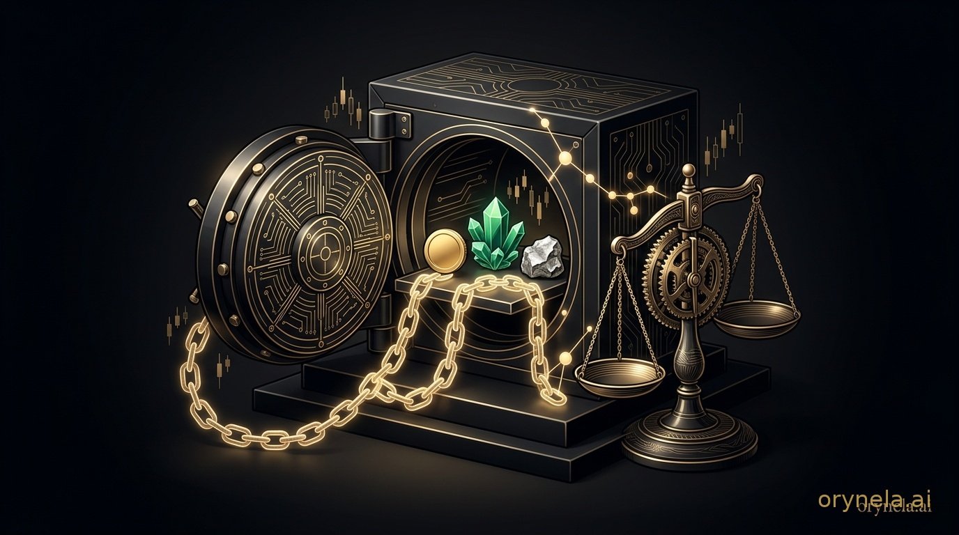 Chambre forte bancaire abritant trois actifs numériques reliés à une balance de crédit, symbole de prêts garantis par des cryptomonnaies