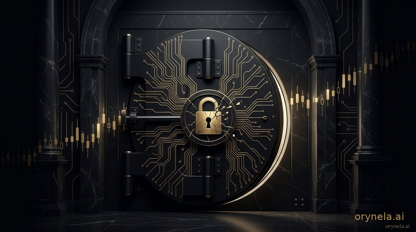 Porte de coffre-fort monumentale entrouverte dans un hall de marbre noir, parcourue de filaments dorés en réseau neural, symbole du risque cyber lié à l'IA frontière pour la finance